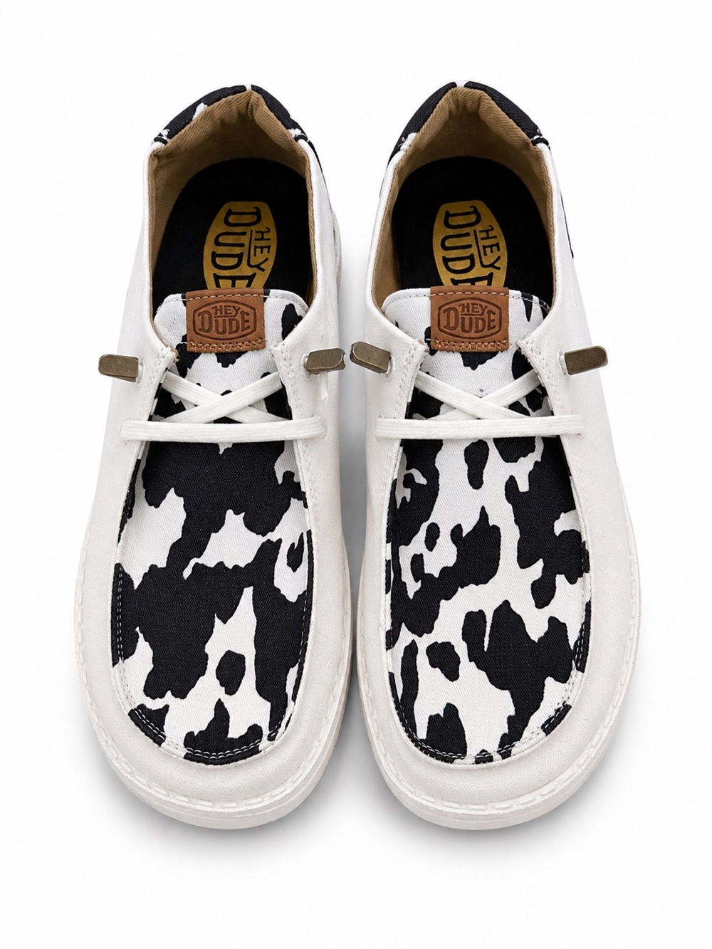 Hey Dude White Shoes with Black Cow-Print Vamp